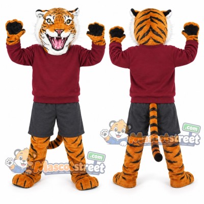 Bengal Tiger Mascot Costume with Burgundy Sweatshirt Bengal Tiger Mascot Costume with Burgundy Sweatshirt