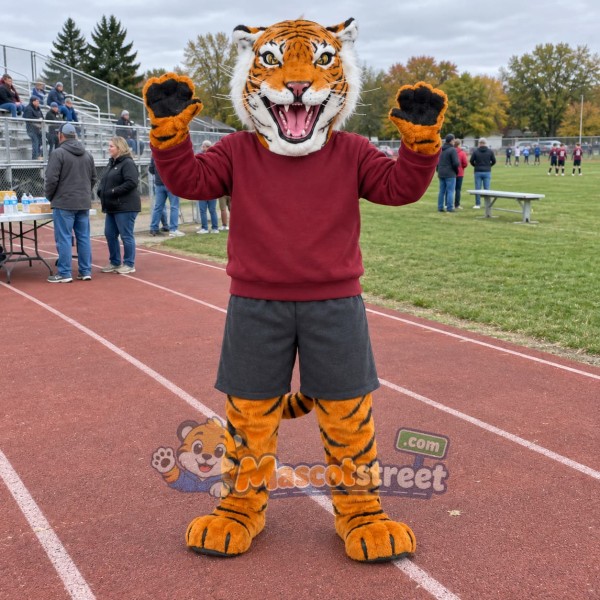 Bengal Tiger Mascot Costume with Burgundy Sweatshirt
