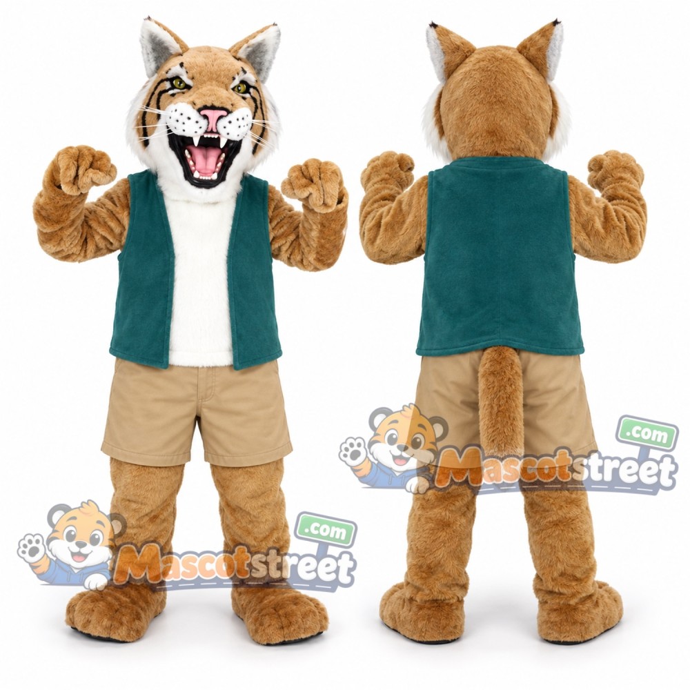 Tan Bobcat Mascot Costume with Teal Vest Tan Bobcat Mascot Costume with Teal Vest