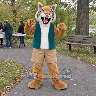 Tan Bobcat Mascot Costume with Teal Vest Tan Bobcat Mascot Costume with Teal Vest