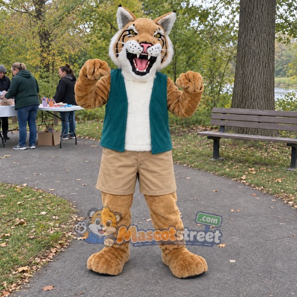 Tan Bobcat Mascot Costume with Teal Vest