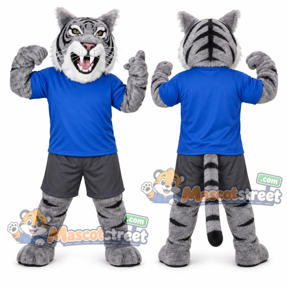 Gray Tiger Mascot Costume with Blue Shirt