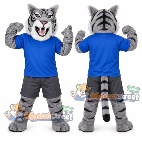 Gray Tiger Mascot Costume with Blue Shirt