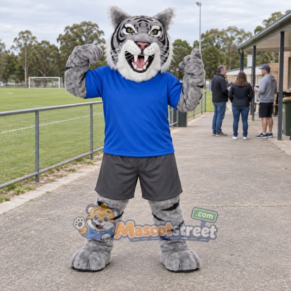 Gray Tiger Mascot Costume with Blue Shirt