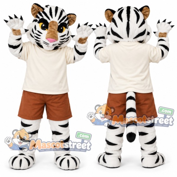 White Tiger Mascot Costume with Cream Shirt