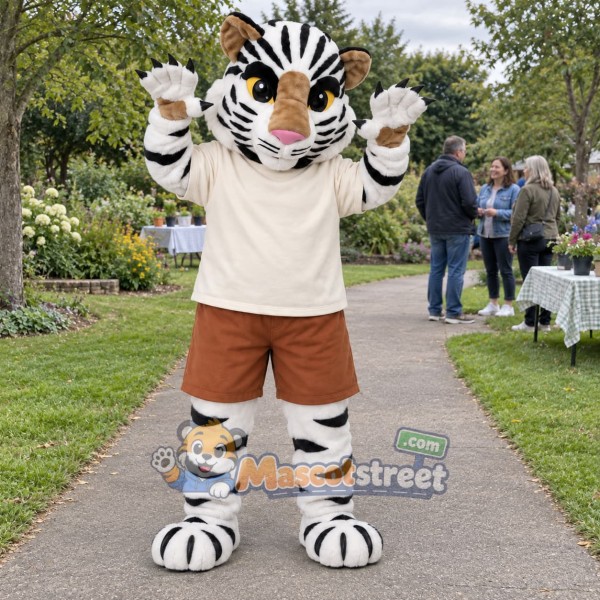 White Tiger Mascot Costume with Cream Shirt