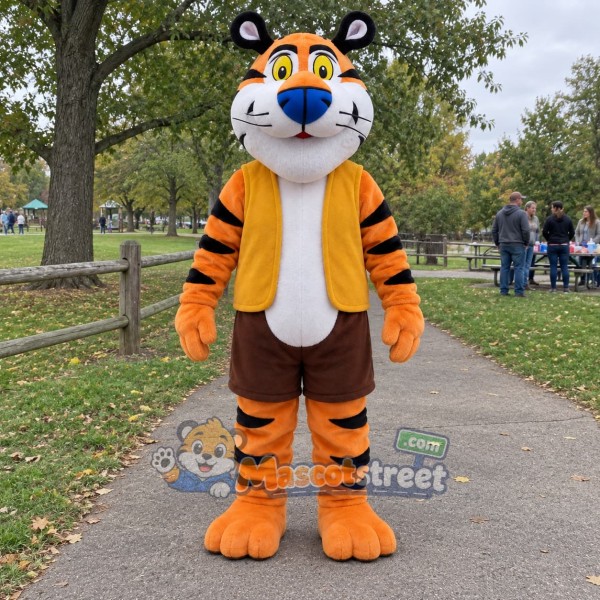 Orange Tiger Mascot Costume with Yellow Vest