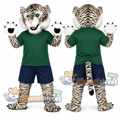 White Tiger Mascot Costume with Green Shirt White Tiger Mascot Costume with Green Shirt