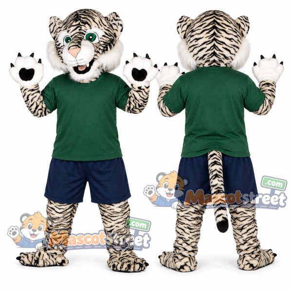White Tiger Mascot Costume with Green Shirt