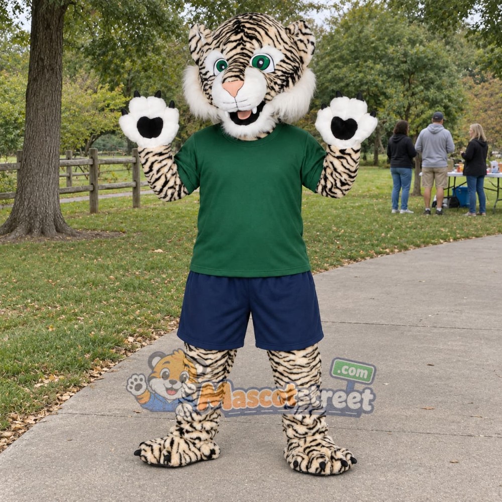 White Tiger Mascot Costume with Green Shirt White Tiger Mascot Costume with Green Shirt