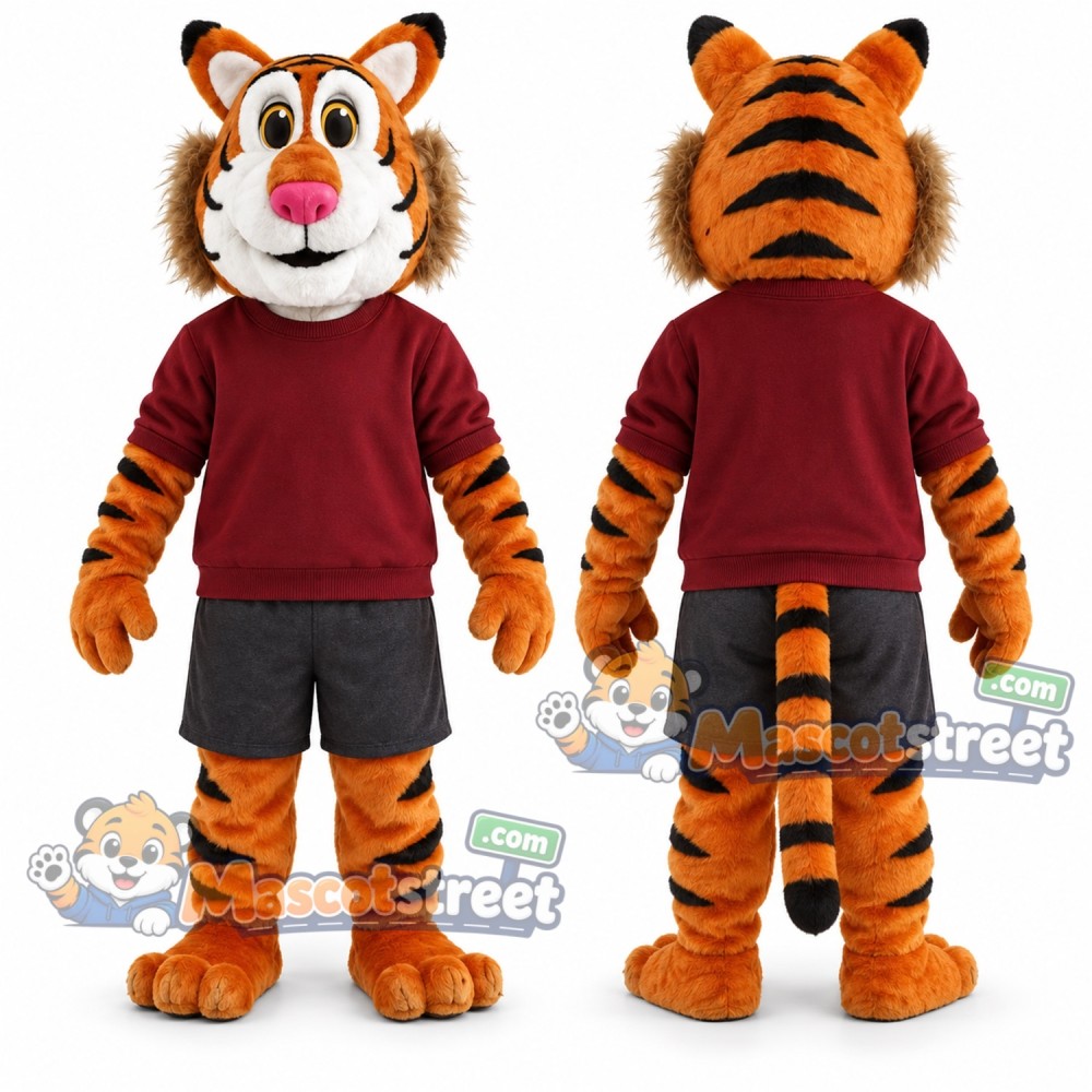Orange Tiger Mascot Costume with Burgundy Sweatshirt