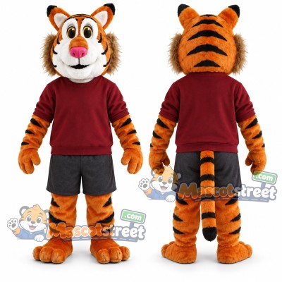 Orange Tiger Mascot Costume with Burgundy Sweatshirt
