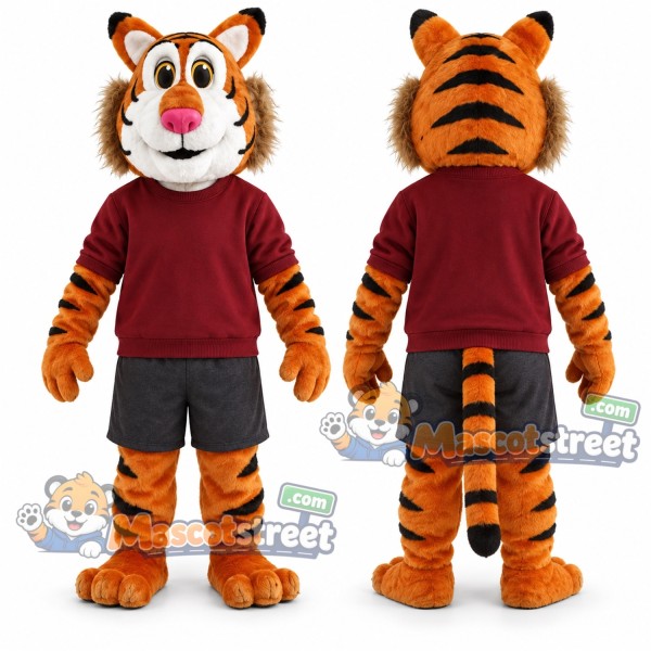 Orange Tiger Mascot Costume with Burgundy Sweatshirt