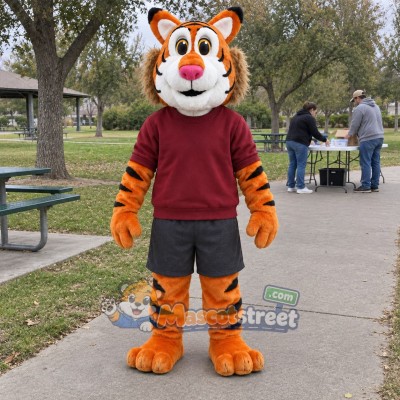 Orange Tiger Mascot Costume with Burgundy Sweatshirt