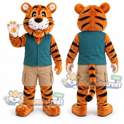 Orange Tiger Mascot Costume with Teal Vest Orange Tiger Mascot Costume with Teal Vest