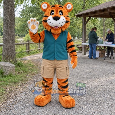 Orange Tiger Mascot Costume with Teal Vest Orange Tiger Mascot Costume with Teal Vest