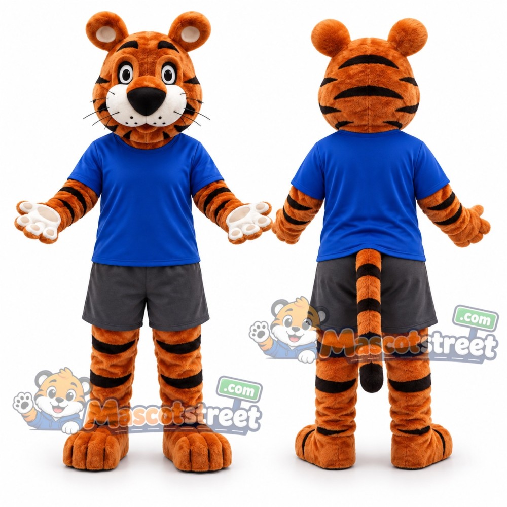 Orange Tiger Mascot Costume with Blue Shirt
