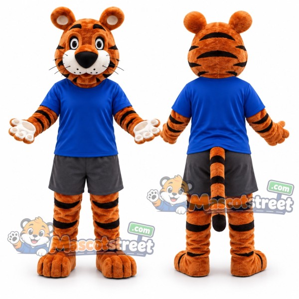 Orange Tiger Mascot Costume with Blue Shirt