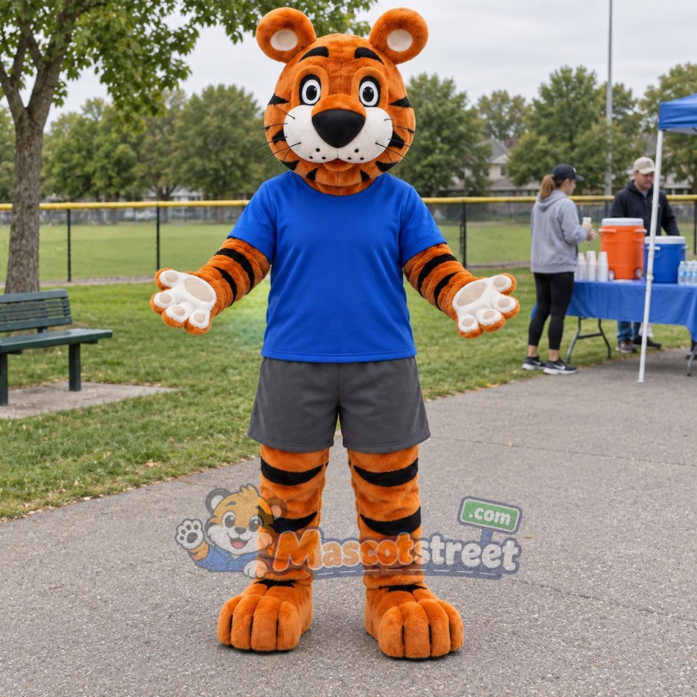 Orange Tiger Mascot Costume with Blue Shirt