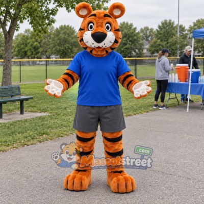Orange Tiger Mascot Costume with Blue Shirt