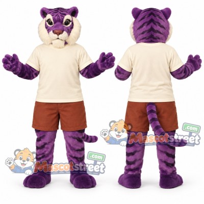 Purple Tiger Mascot Costume with Cream Shirt Purple Tiger Mascot Costume with Cream Shirt
