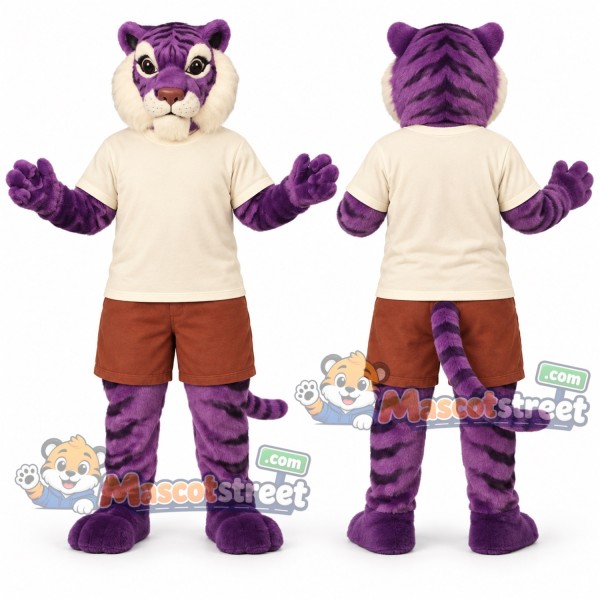 Purple Tiger Mascot Costume with Cream Shirt