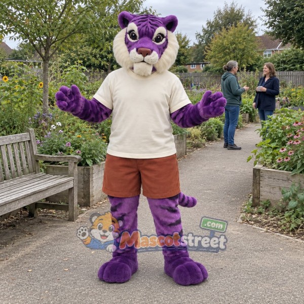 Purple Tiger Mascot Costume with Cream Shirt