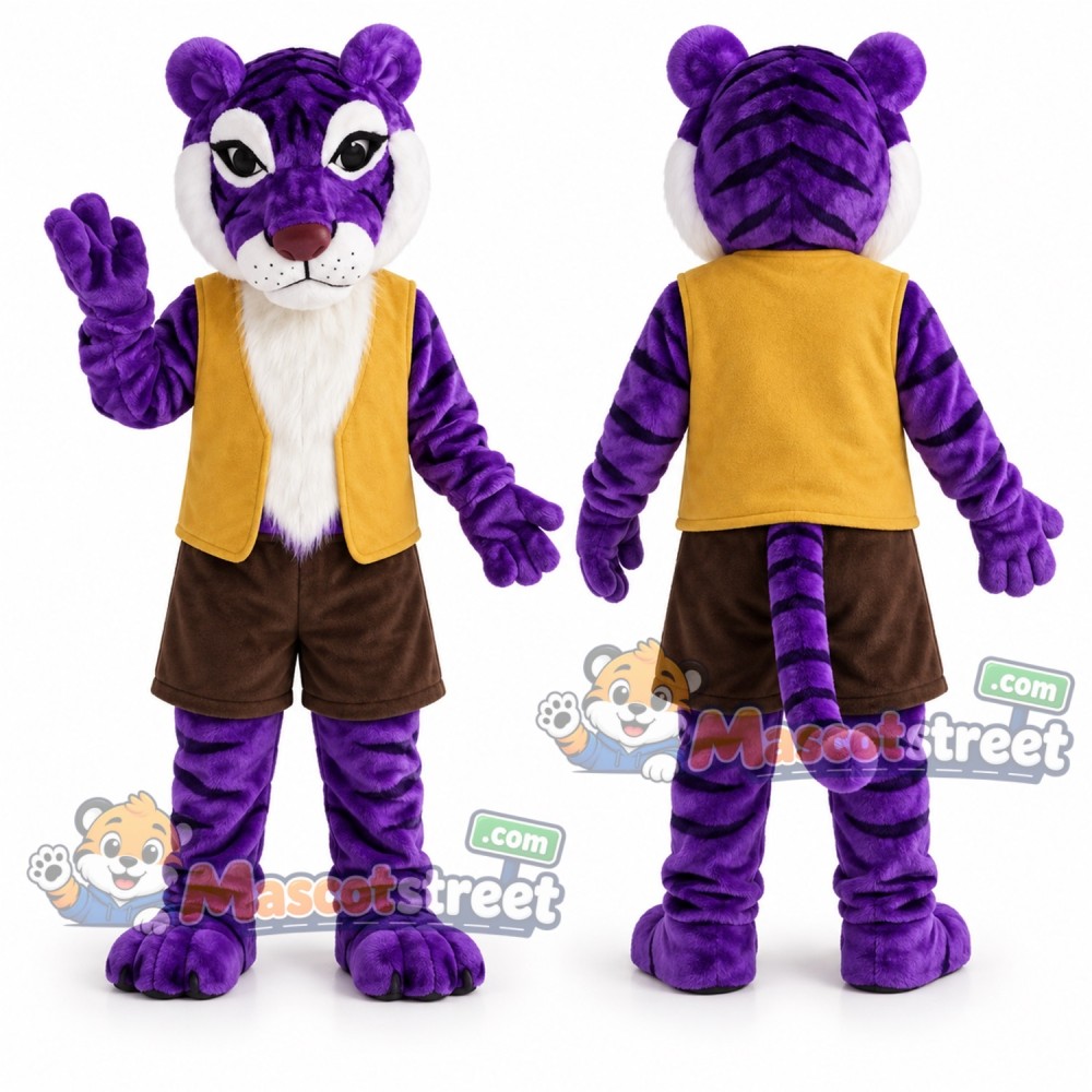Purple Tiger Mascot Costume with Yellow Vest Purple Tiger Mascot Costume with Yellow Vest
