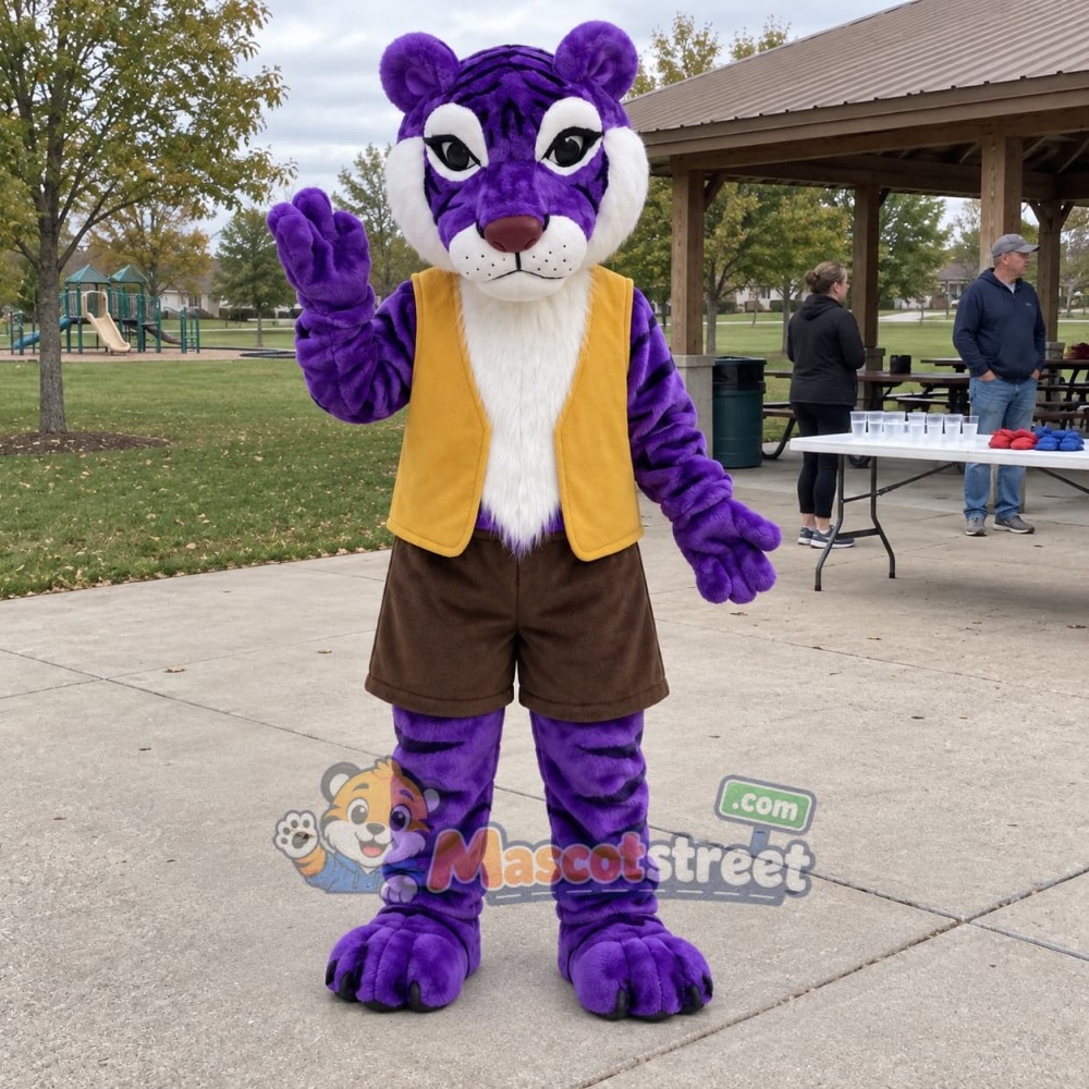 Purple Tiger Mascot Costume with Yellow Vest Purple Tiger Mascot Costume with Yellow Vest