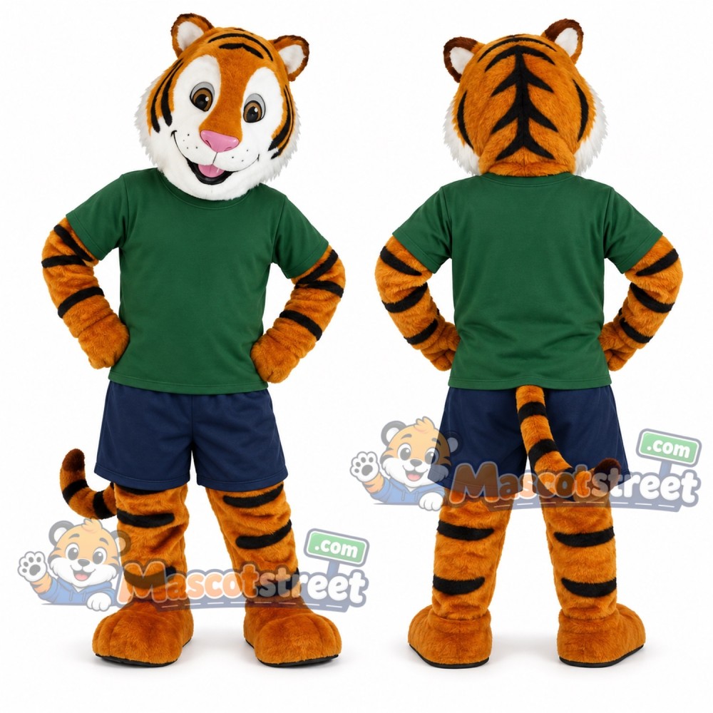Orange Tiger Mascot Costume with Green Shirt Orange Tiger Mascot Costume with Green Shirt