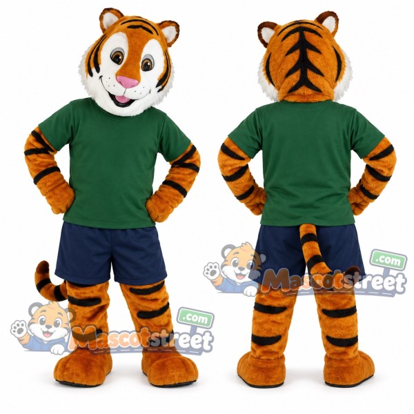 Orange Tiger Mascot Costume with Green Shirt