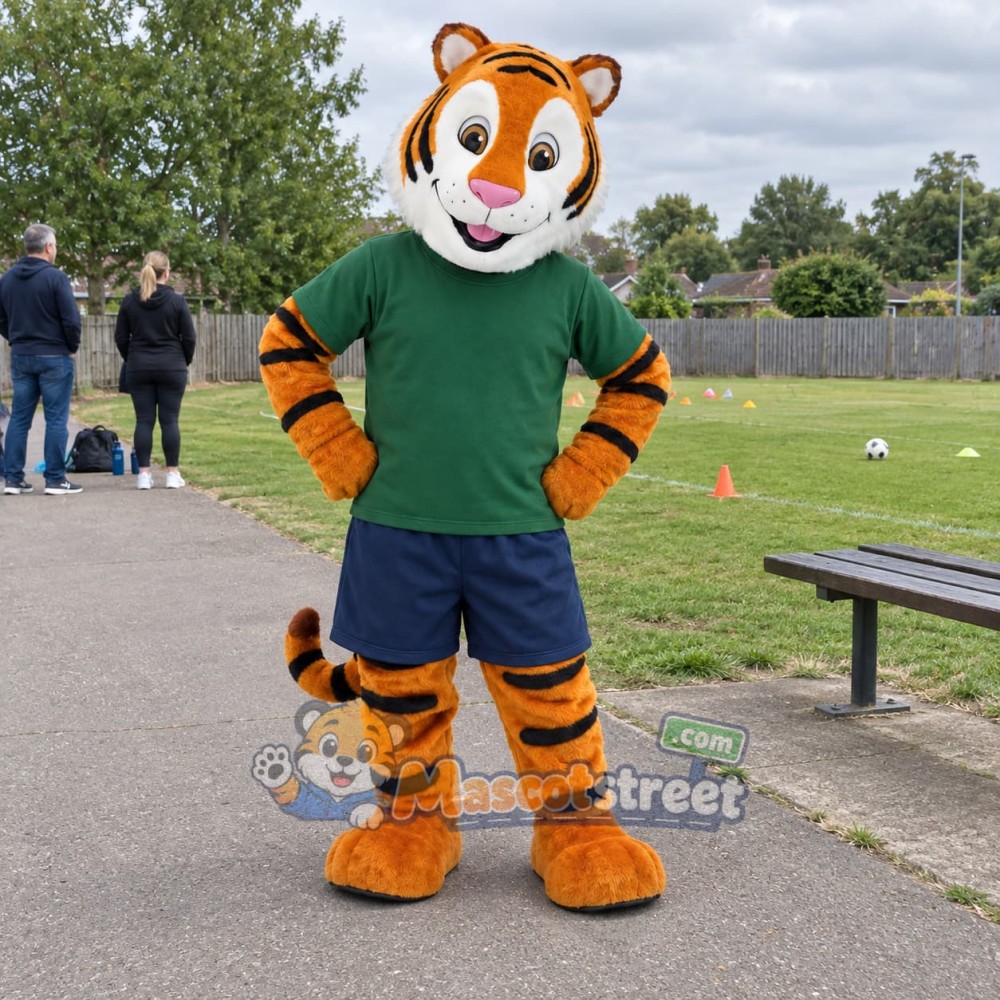Orange Tiger Mascot Costume with Green Shirt Orange Tiger Mascot Costume with Green Shirt