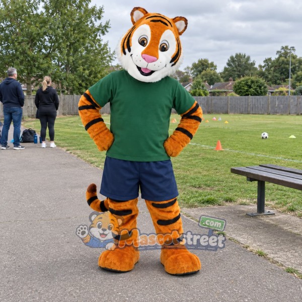 Orange Tiger Mascot Costume with Green Shirt