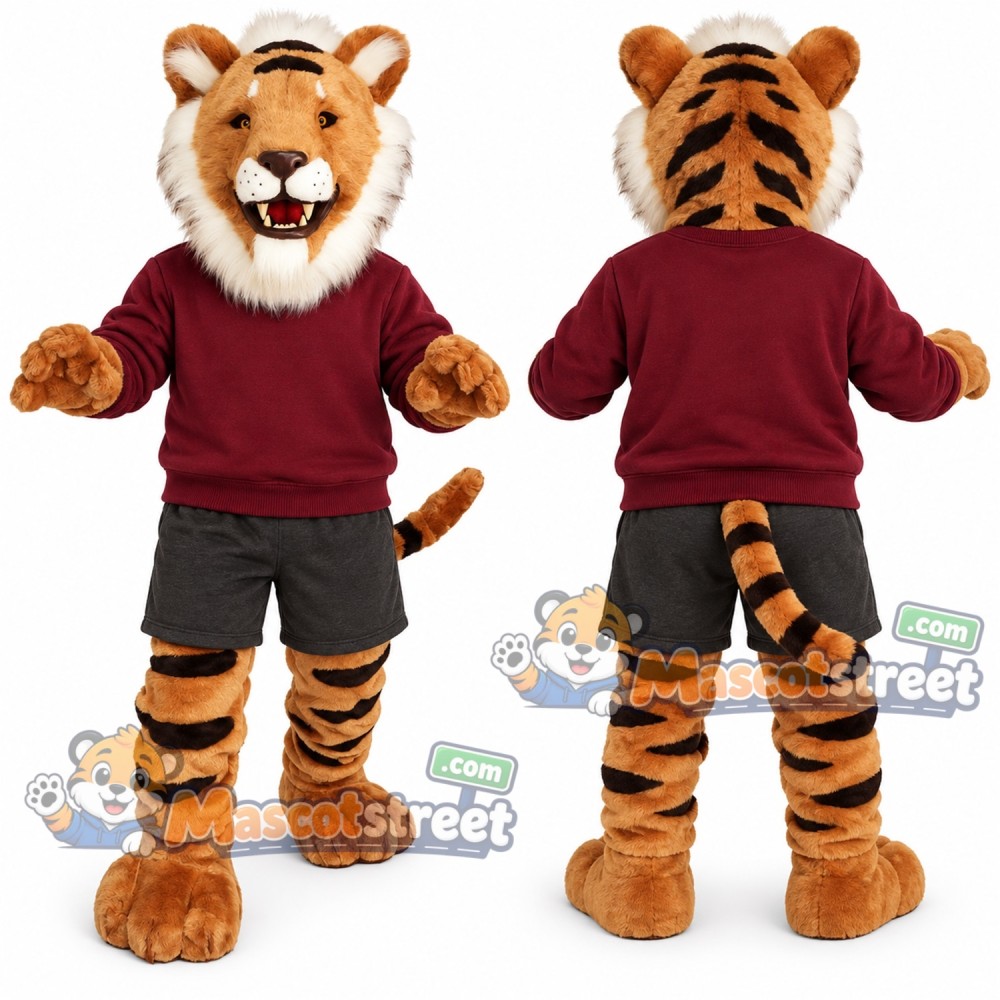 Orange Tiger Mascot Costume with Burgundy Sweatshirt