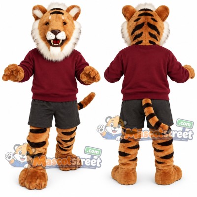 Orange Tiger Mascot Costume with Burgundy Sweatshirt