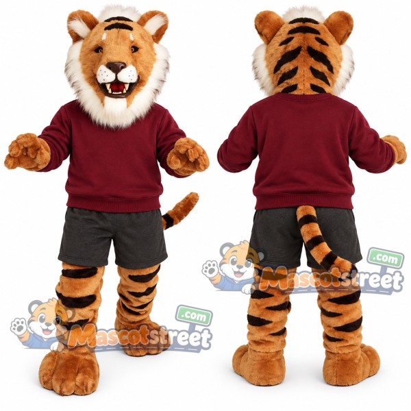 Orange Tiger Mascot Costume with Burgundy Sweatshirt