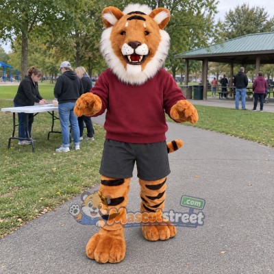 Orange Tiger Mascot Costume with Burgundy Sweatshirt