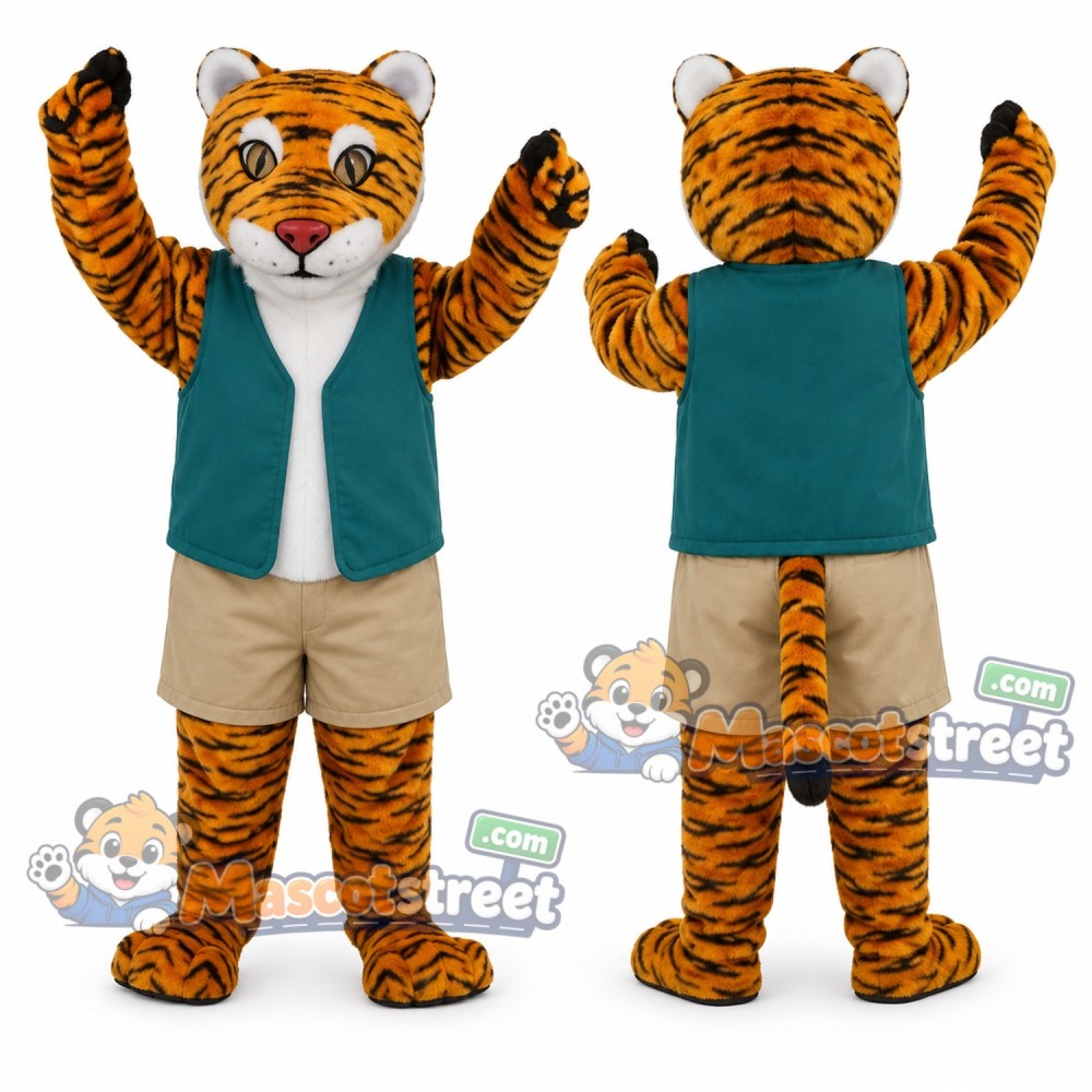 Bengal Tiger Mascot Costume with Teal Vest Bengal Tiger Mascot Costume with Teal Vest