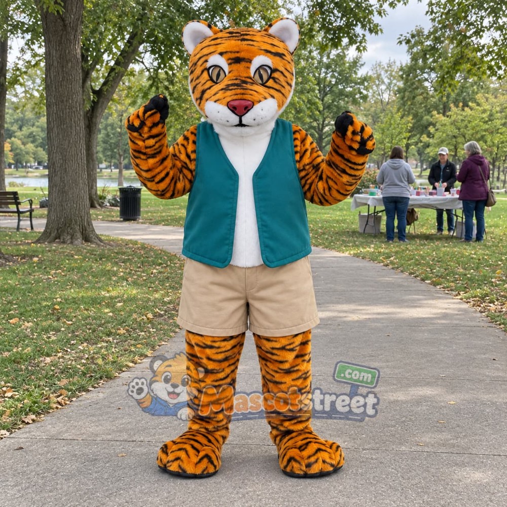 Bengal Tiger Mascot Costume with Teal Vest Bengal Tiger Mascot Costume with Teal Vest