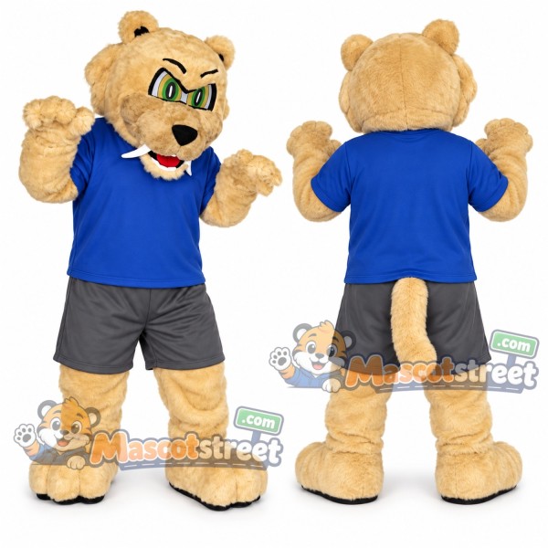 Tan Saber-Toothed Tiger Mascot Costume with Blue Shirt
