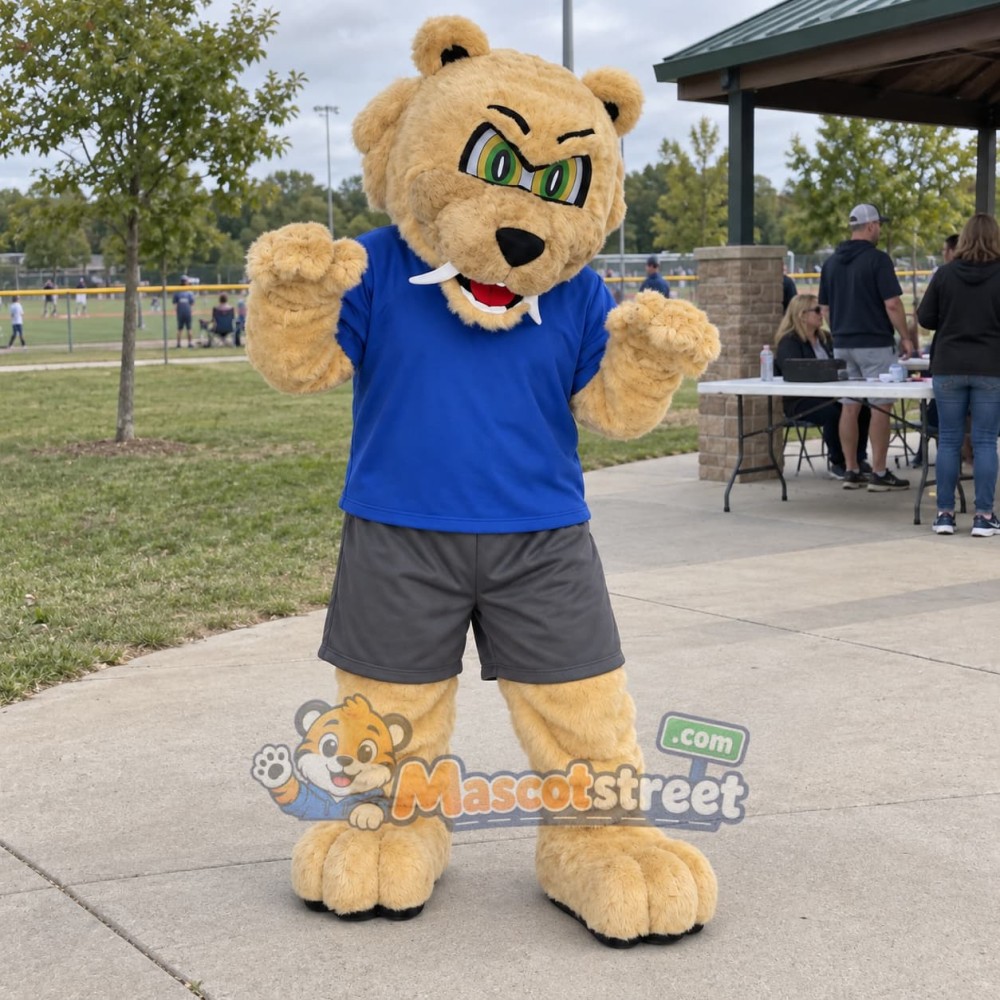 Tan Saber-Toothed Tiger Mascot Costume with Blue Shirt Tan Saber-Toothed Tiger Mascot Costume with Blue Shirt