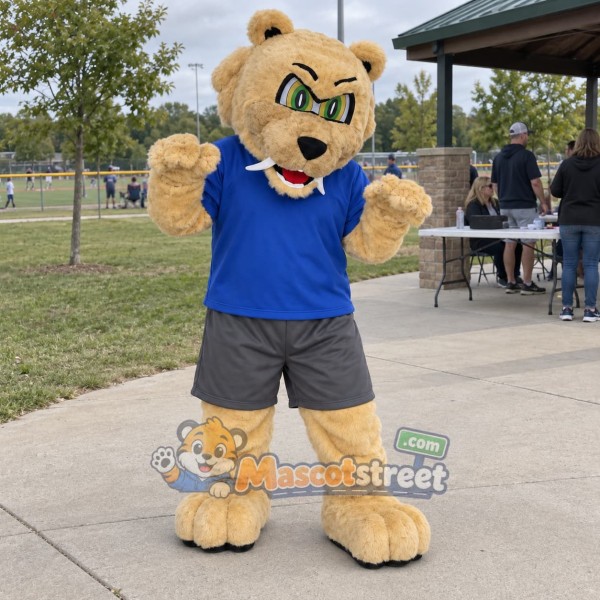 Tan Saber-Toothed Tiger Mascot Costume with Blue Shirt