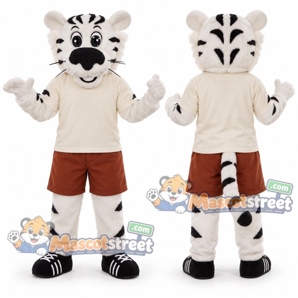 White Tiger Mascot Costume with Cream Shirt