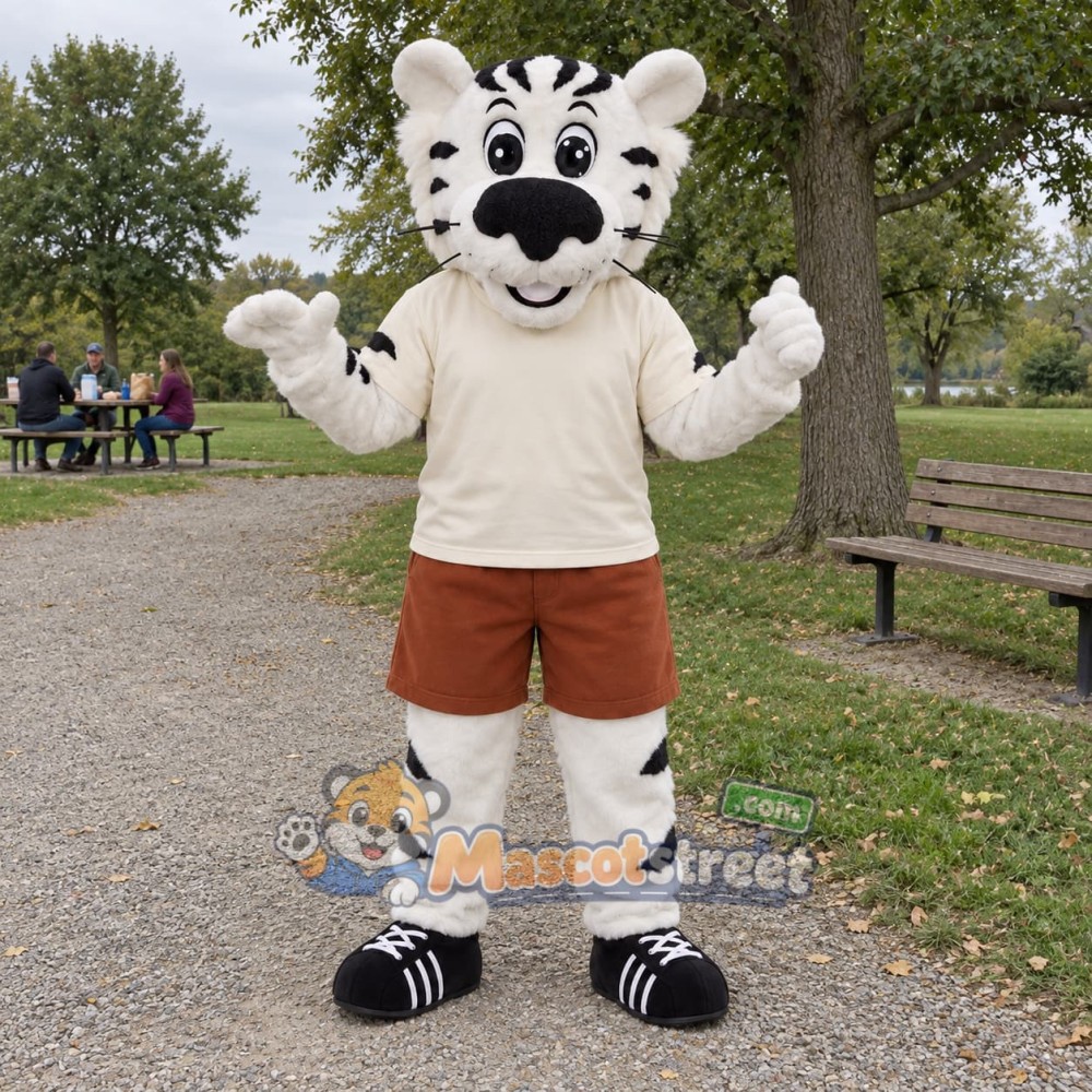White Tiger Mascot Costume with Cream Shirt White Tiger Mascot Costume with Cream Shirt