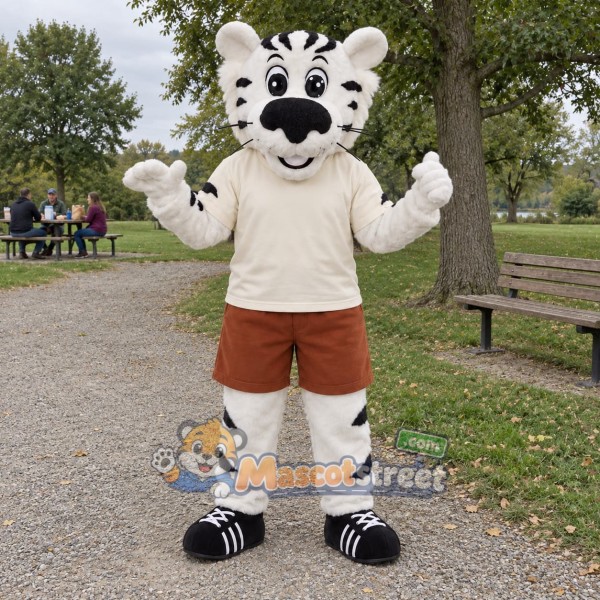 White Tiger Mascot Costume with Cream Shirt