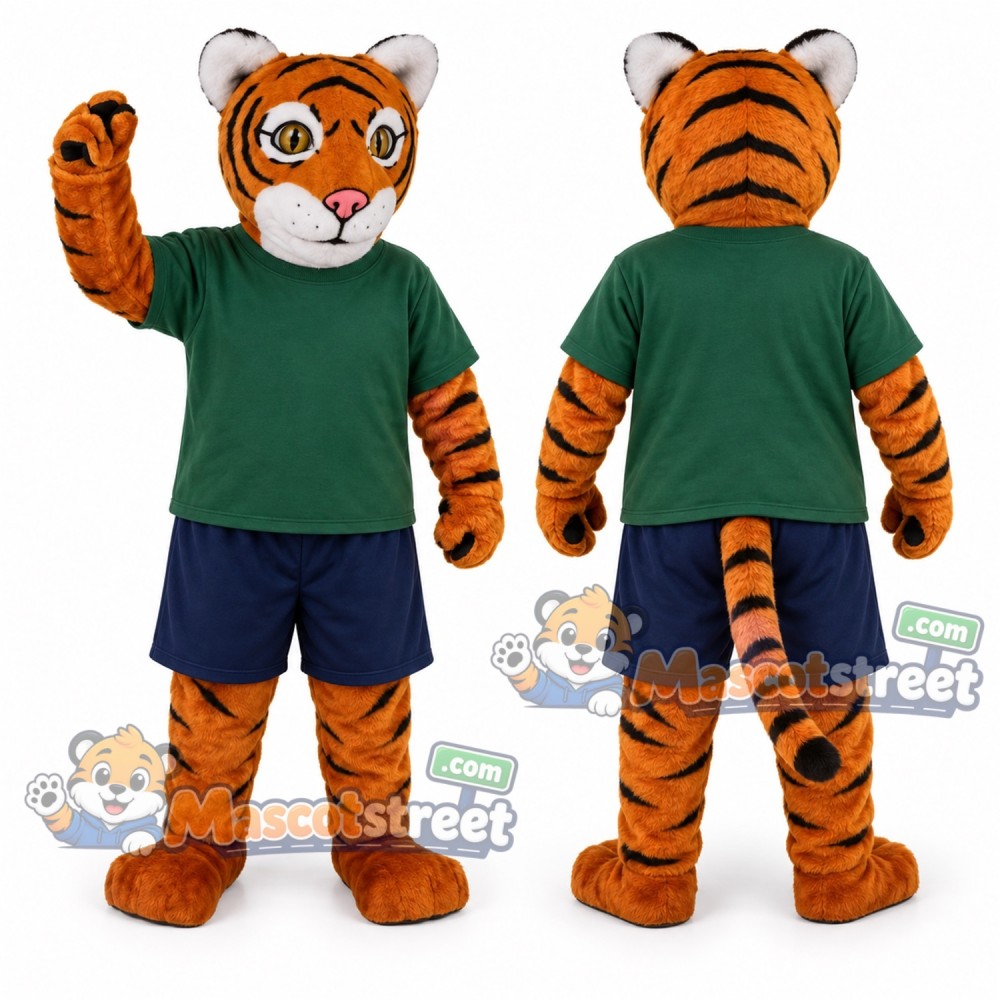 Orange Tiger Mascot Costume with Green Shirt Orange Tiger Mascot Costume with Green Shirt