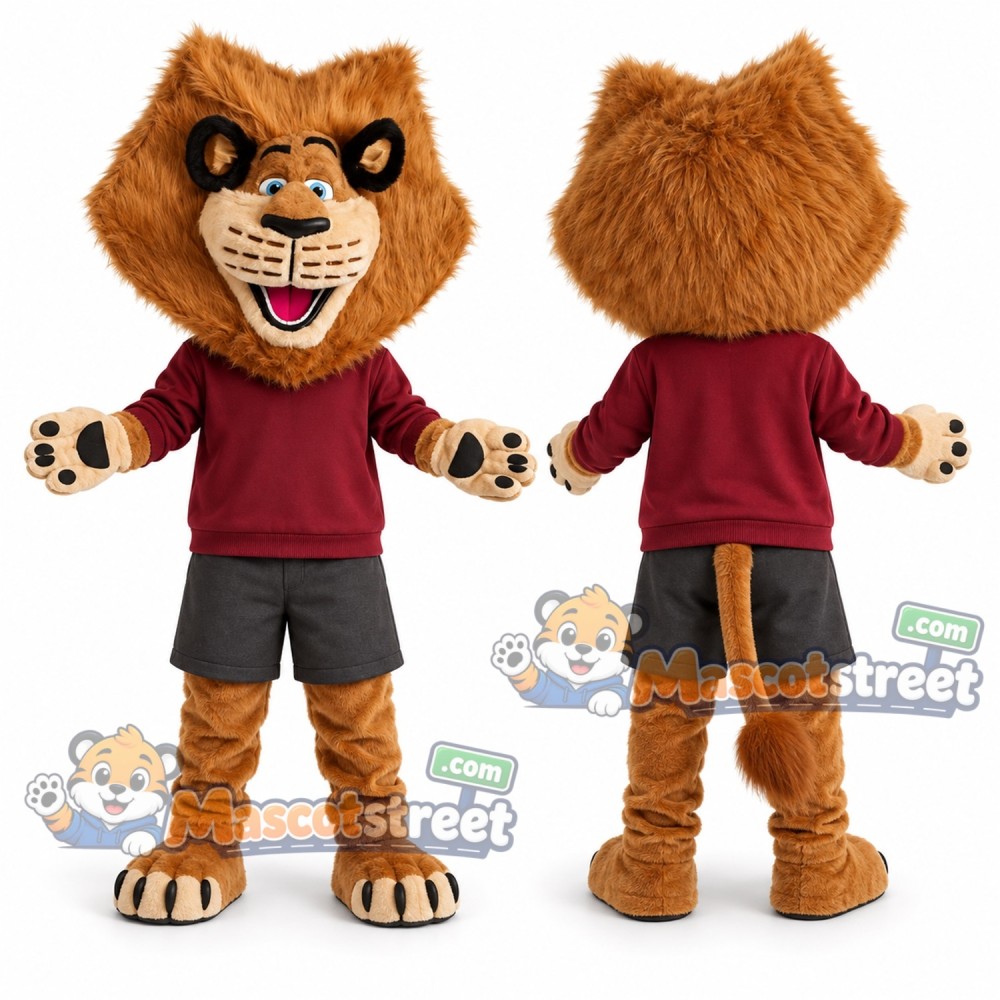 Brown Lion Mascot Costume with Burgundy Sweatshirt Brown Lion Mascot Costume with Burgundy Sweatshirt