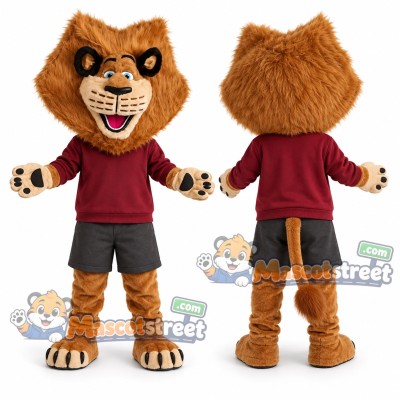 Brown Lion Mascot Costume with Burgundy Sweatshirt Brown Lion Mascot Costume with Burgundy Sweatshirt