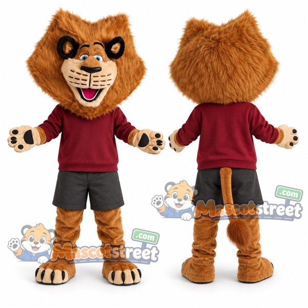 Brown Lion Mascot Costume with Burgundy Sweatshirt
