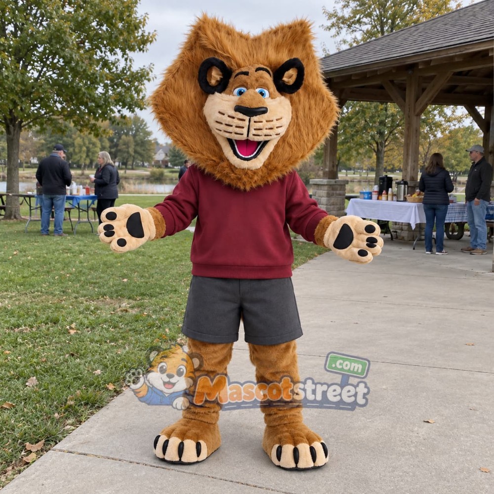 Brown Lion Mascot Costume with Burgundy Sweatshirt Brown Lion Mascot Costume with Burgundy Sweatshirt